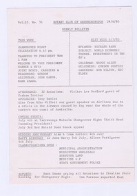 Memorabilia - Newsletter, Rotary Club of Greensborough, Rotary Club of Greensborough Weekly Bulletin Vol 15, No 52, 29/06/1983