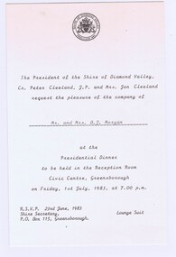 Memorabilia - Invitation, Shire of Diamond Valley, Shire of Diamond Valley Presidential Dinner 1983, 02/071983