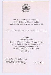 Memorabilia - Invitation, Shire of Diamond Valley, Shire of Diamond Valley Farewell Dinner 1983, 27/071983