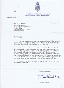 Memorabilia - Letter, Minister for Local Government, Minister for Local Government letter of Congratulations to Bruce Morgan, 27/07/1983