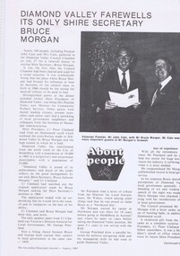 Memorabilia - Article, Australian Municipal Journal, Diamond Valley Farewells its only Shire Secretary Bruce Morgan, 08/1983