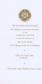 Memorabilia - Menu, City of heidelberg, City of Heidelberg Farewell Dinner to mark the retirement of Alan Jones, 08/08/1986