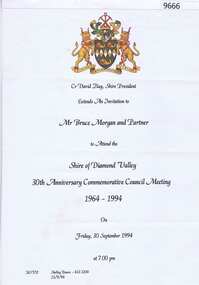Memorabilia - Invitation, Shire of Diamond Valley, Shire of Diamond Valley  30th Anniversary Commemorative Council Meeting, 30/09/1994