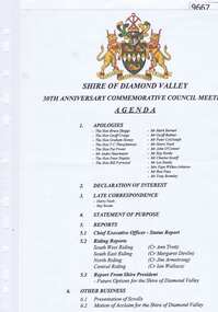 Memorabilia - Agenda, Shire of Diamond Valley, Shire of Diamond Valley  30th Anniversary Commemorative Council Meeting Agenda, 30/09/1994