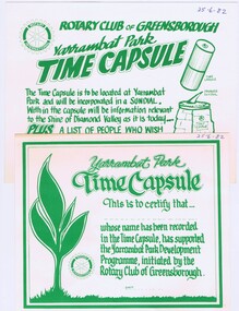 Memorabilia - Invitation and Certificate, Rotary Club of Greensborough, Rotary Club of Greensborough Yarrambat Park time capsule ; and, Yarrambat Park time capsule certificate, 25/06/1982