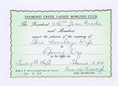 Memorabilia - Invitation, City of Preston, Diamond Creek Ladies' Bowling Club Opening Day 1980, 30/08/1980