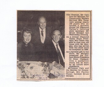 Article - Newspaper Clipping, Diamond Valley News, Premier Cain and Member for Greensborough Mrs. Pauline Toner farewell Bruce Morgan, 24/08/1983