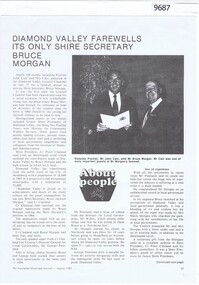 Article - Article, Journal, Australian Municipal Journal, Diamond Valley Farewells its only Shire Secretary Bruce Morgan, 08/1983
