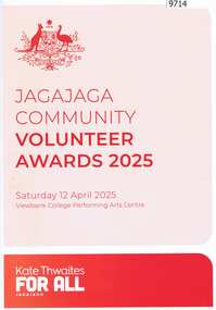 Booklet, Kate Thwaites, Jagajaga Community Volunteer Awards 2025, 12/04/2025
