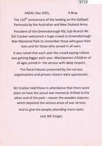 Article - Article and Leaflet, Greensborough RSL, Anzac Day 2025, 25/04/2025