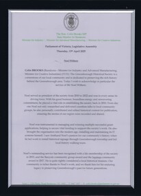 Document - Certificate (Framed), Colin Brooks, Colin Brooks, Statement to Parliament. Noel Withers 13/04/2025, 13/04/2025