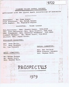 Pamphlet - Programme, Diamond Valley Choral Society, Diamond Valley Choral Society Prospectus 1979, 1979