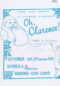 Poster - Advertising Poster, Diamond Valley Repertory, Oh Clarence! Diamond Valley Repertory, 1970s