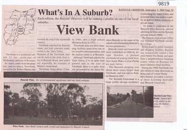 Newspaper - Newspaper Clipping, Banyule Observer, What's In A Suburb:  View Bank, 02/09/2000
