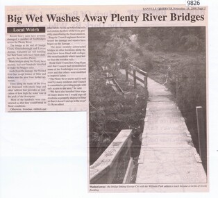 Newspaper - Newspaper Clipping, Banyule Observer, Big Wet Washes Away Plenty River Bridges, 18/11/2000