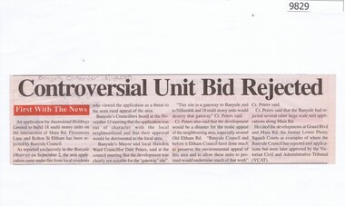 Newspaper - Newspaper Clipping, Banyule Observer, Controversial Unit Bid Rejected, 18/11/2000
