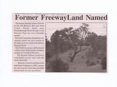 Newspaper - Newspaper Clipping, Banyule Observer, Former Freeway Land Named, 18/11/2000