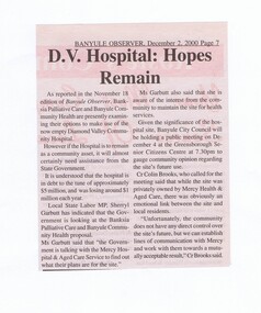 Newspaper - Newspaper Clipping, Banyule Observer, D.V. Hospital: Hopes Remain, 02/12/2000