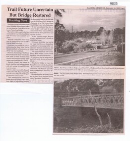 Newspaper - Newspaper Clipping, Banyule Observer, Trail Future Uncertain But Bridge Restored, 16/12/2000
