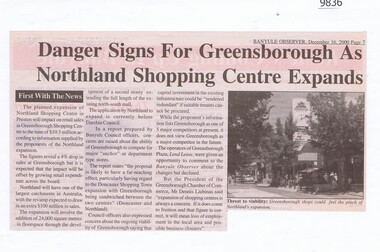 Newspaper - Newspaper Clipping, Banyule Observer, Danger Signs For Greensborough As Northland Shopping Centre Expands, 16/12/2000
