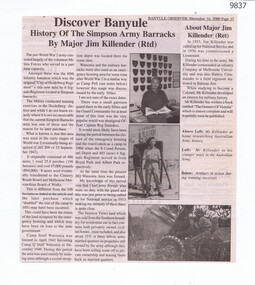 Newspaper - Newspaper Clipping, Banyule Observer, Discover Banyule: History of the Simpson Army Barracks by Major Killender (Rtd), 16/12/2000
