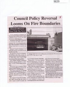 Newspaper - Newspaper Clipping, Banyule Observer, Council Policy Reversal Looms On Fire Boundaries, 03/02/2001