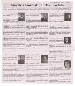 Newspaper - Newspaper Clipping, Banyule Observer, Banyule's Leadership in the Spotlight, 03/02/2001