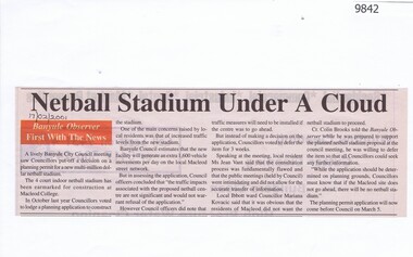 Newspaper - Newspaper Clipping, Banyule Observer, Netball Stadium Under A Cloud, 17/02/2001