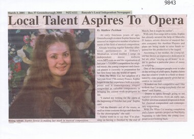 Newspaper - Newspaper Clipping, Banyule Observer, Local Talent Aspires to Opera, 03/03/2001