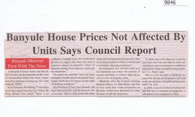 Newspaper - Newspaper Clipping, Banyule Observer, Banyule house prices not affected by units says council report, 03/03/2001
