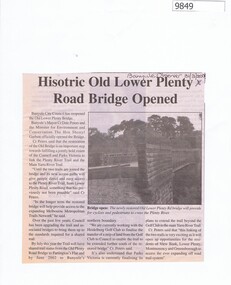 Newspaper - Newspaper Clipping, Banyule Observer, Historic Old Lower Plenty Road Bridge Opened, 31/03/2001