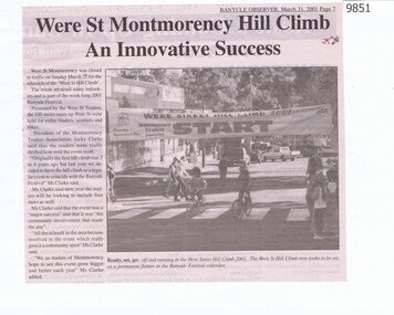 Newspaper - Newspaper Clipping, Banyule Observer, Were St Montmorency Hill Climb an innovative success, 31/03/2001