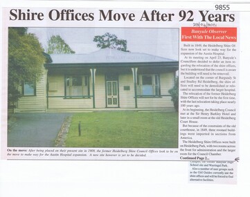 Newspaper - Newspaper Clipping, Banyule Observer, Shire Offices Move After 92 Years, 28/04/2001