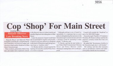 Newspaper - Newspaper Clipping, Banyule Observer, Cop 'Shop" for Main Street, 28/04/2001