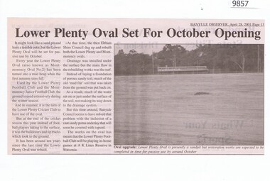 Newspaper - Newspaper Clipping, Banyule Observer, Lower Plenty Oval set for October opening, 28/04/2001