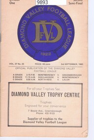 Booklet - Record Book, Diamond Valley Football League, Diamond Valley Football Record 03/09/1983. Division 1 2nd Semi Final, 03/09/1983