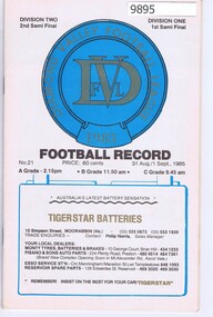 Booklet - Record Book, Diamond Valley Football League, Diamond Valley Football Record 1985: 31/08/1985 - 01/09/1985, 31/08/1985