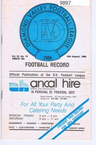 Booklet - Record Book, Diamond Valley Football League, Diamond Valley Football League 1986: Football Record 16/08/1986, 16/08/1986