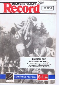 Booklet - Record Book, Diamond Valley Football League, Diamond Valley Record Vol 34 No 25: 15/09/1990 Div 1: Preliminary Final, 14/09/1990