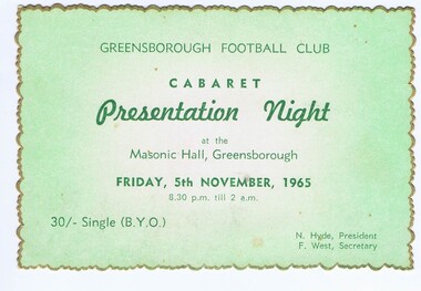 Card - Ticket, Greensborough Football Club, Greensborough Football Club Cabaret Presentation Night 1965, 05/11/1965