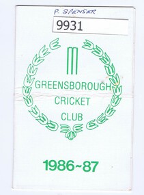 Card - Membership card, Greensborough Cricket Club, Greensborough Cricket Club 1986-87, 1986