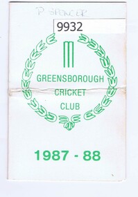 Card - Membership card, Greensborough Cricket Club, Greensborough Cricket Club 1987-88, 1987