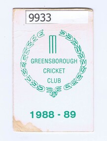 Card - Membership card, Greensborough Cricket Club, Greensborough Cricket Club 1988-89, 1988