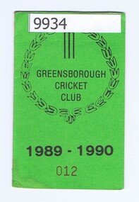 Card - Membership card, Greensborough Cricket Club, Greensborough Cricket Club 1989-90, 1989
