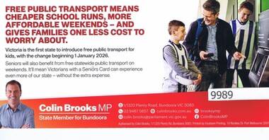 Flyer, Colin Brooks MP, Free Public Transport (Victoria), 2025