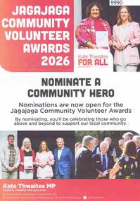 Flyer, Kate Thwaites MP, Jaga Jaga Community Volunteer Awards 2026, 2026