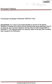 Article, Advertiser (Hurstbridge), Annual Picnic, 14/11/1930