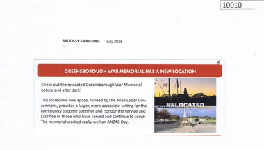 Article, Brooksy's Briefing, Greensborough War Memorial has a new location, 07/2026