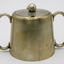 Double handled sugar bowl with hinged lid, teapot style. Cut for spoon. Embossed: R.G.H.H.