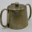 Double handled sugar bowl with hinged lid, teapot style. Cut for spoon. Embossed: R.G.H.H.